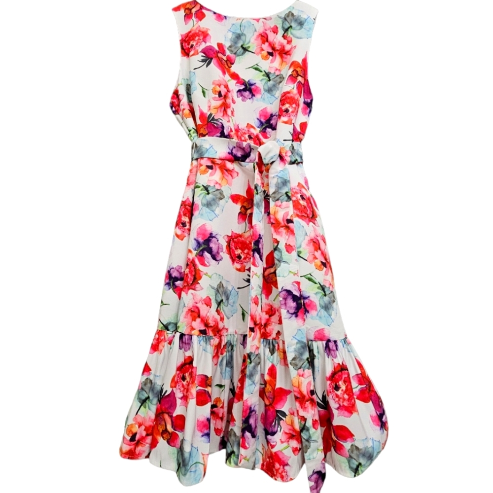 New York & Co Nwt Sleeveless Pink/Lavender Floral Fit/Flare Ruffled Midi Dress